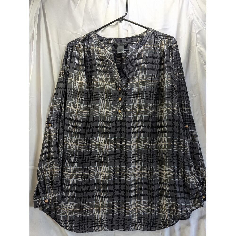 Investments Sheer Gray Plaid Roll Type Sleeves Size 2X